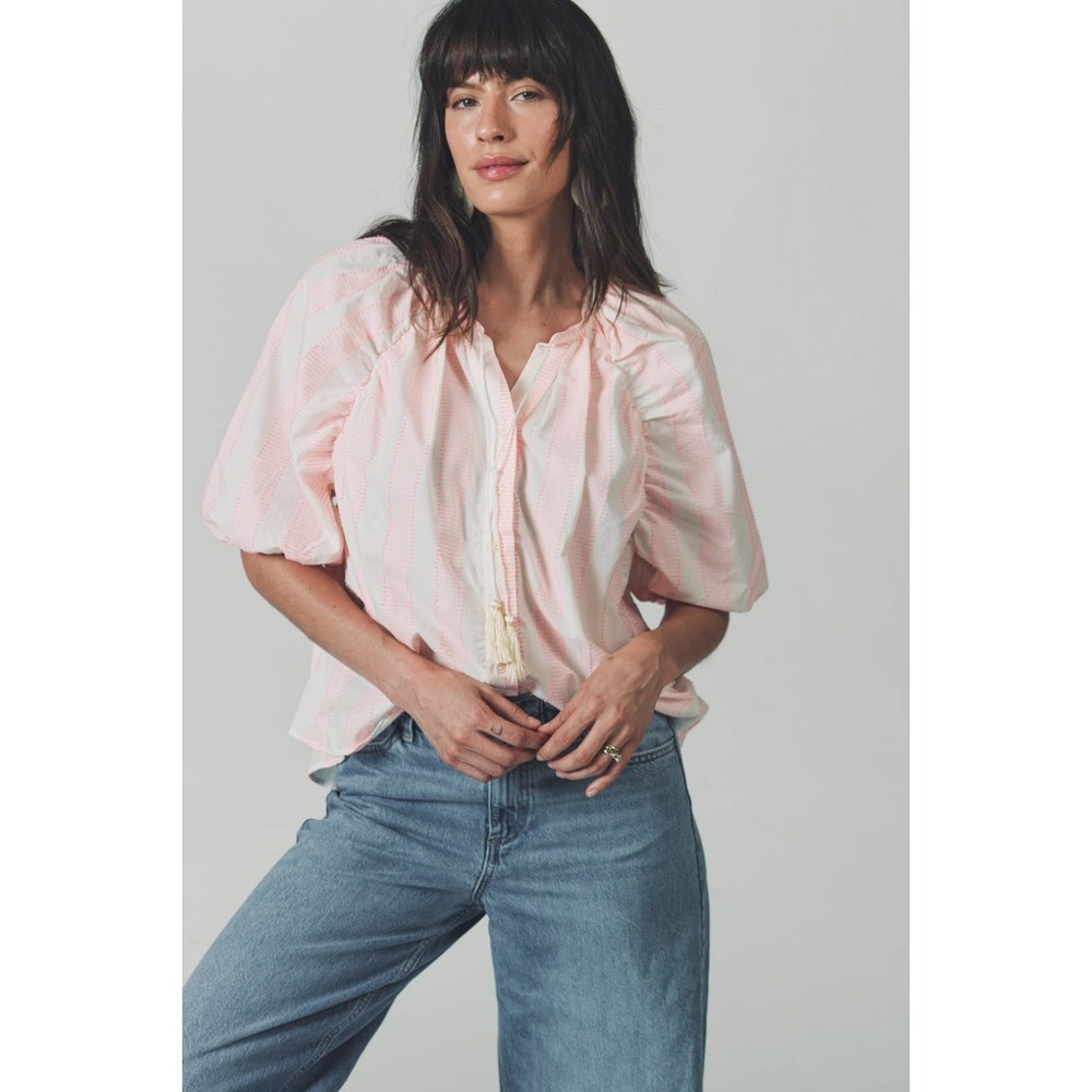 The Shirt by‎ Rochelle Behrens The Antoinette Pink Striped Shirt Sz XL Tassel